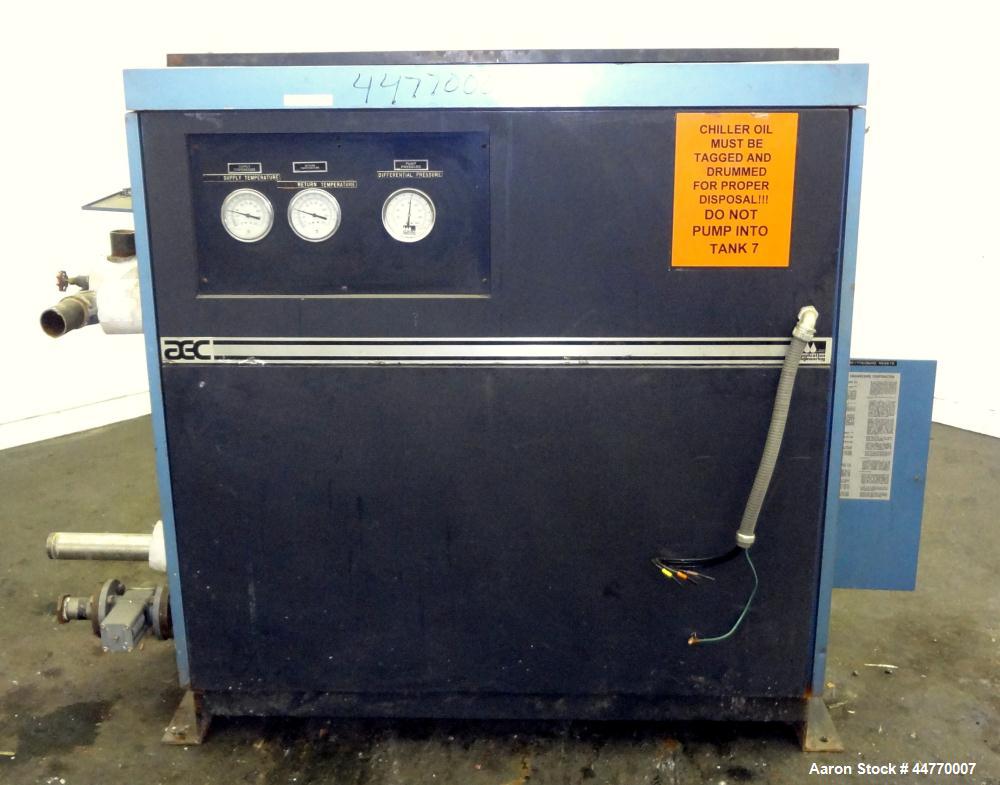 Used AEC Water Cooled Chiller, Model WC-15-Q. Cooling capacity 15 tons, chilled water 36 gallons per minute. Minimum temperature 20 degrees F, heat transfer fluid: 30/70 antifreeze/water, 30 pounds o...