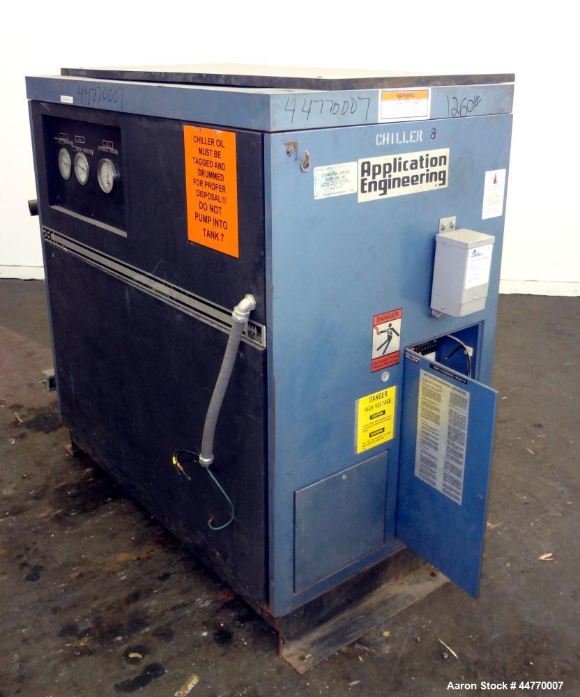 Used AEC Water Cooled Chiller, Model WC-15-Q. Cooling capacity 15 tons, chilled water 36 gallons per minute. Minimum temperature 20 degrees F, heat transfer fluid: 30/70 antifreeze/water, 30 pounds o...