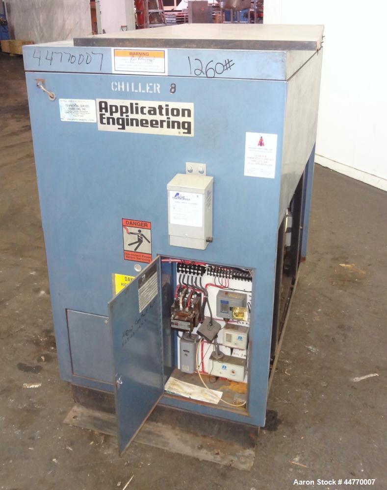 Used AEC Water Cooled Chiller, Model WC-15-Q. Cooling capacity 15 tons, chilled water 36 gallons per minute. Minimum temperature 20 degrees F, heat transfer fluid: 30/70 antifreeze/water, 30 pounds o...