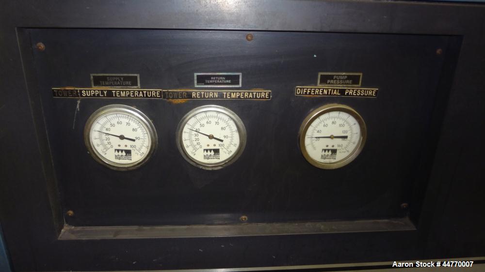 Used AEC Water Cooled Chiller, Model WC-15-Q. Cooling capacity 15 tons, chilled water 36 gallons per minute. Minimum temperature 20 degrees F, heat transfer fluid: 30/70 antifreeze/water, 30 pounds o...