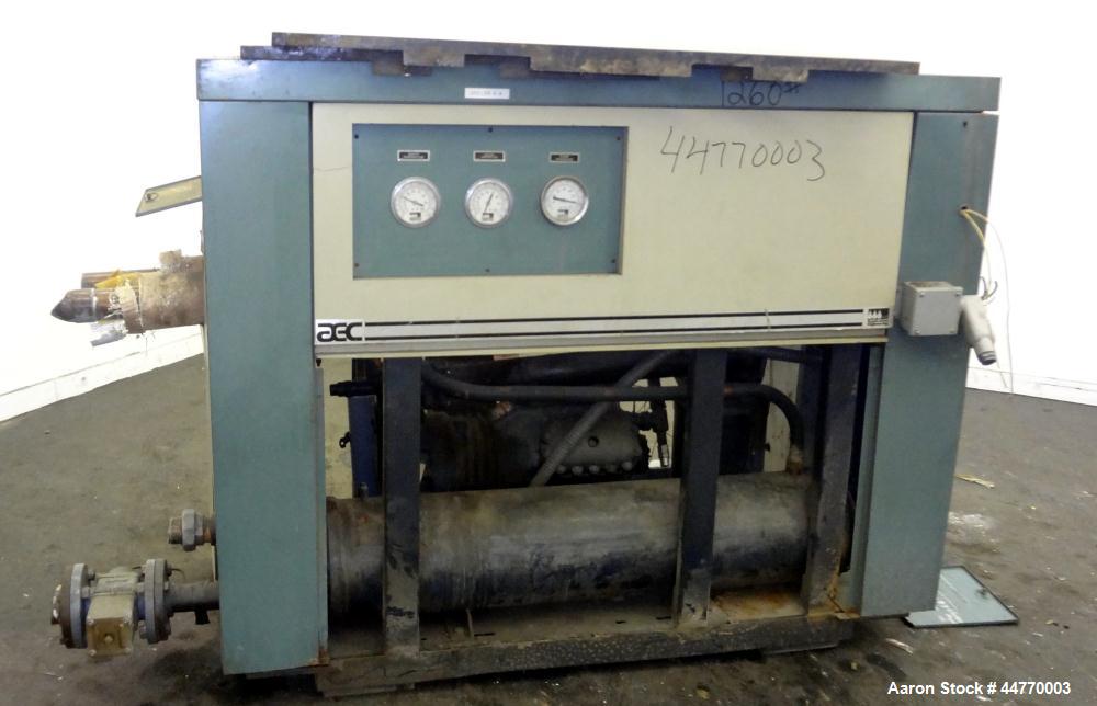 Used AEC Water Cooled Chiller, Model WC-30-Q. Cooling capacity 30 tons, chilled water 72 gallons per minute. Minimum temperature 45 degrees F, heat transfer fluid: water, 45 pounds of R-22 refrigeran...