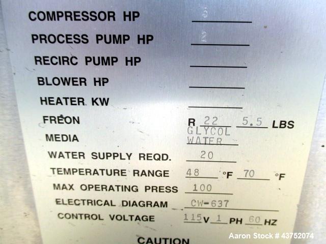 Used 5 TON ADVANTAGE CHILLER MODEL MCW5.  WATER COOLED UNIT WITH 2 HP 230VOLT, 3PH, 60HZ PUMP.  UTILIZES R-22 REFRIGERANT