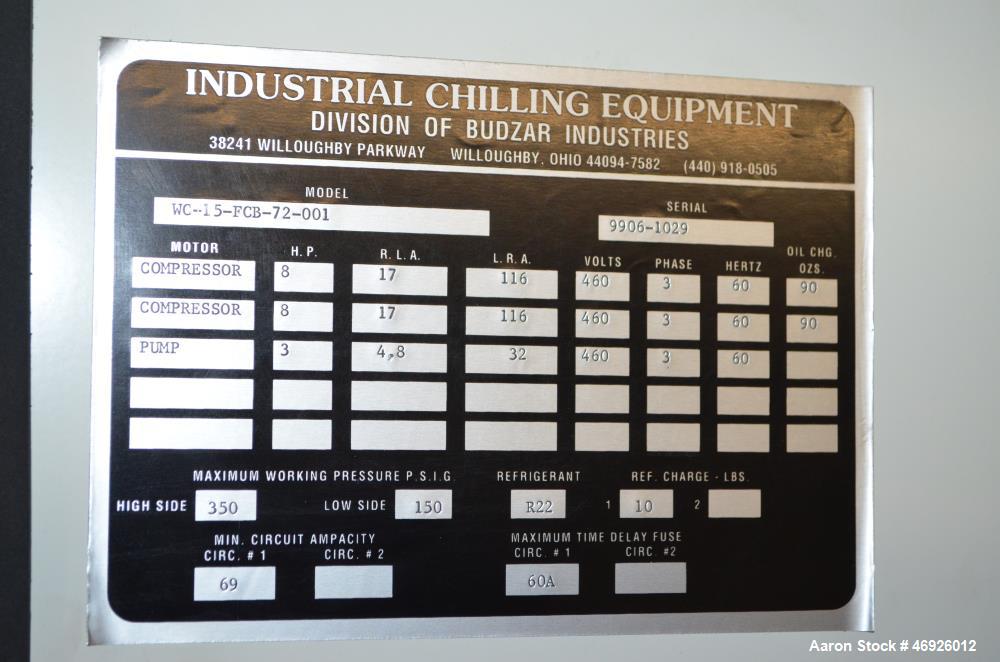Used Budzar Water Cooled Chiller, 15.4 Nominal Tons, Model WC-15-FCB-72-001.