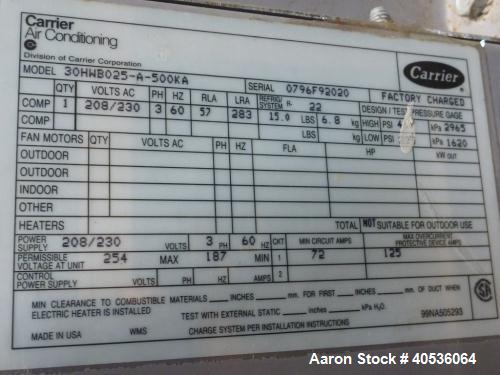 Used Carrier Water Cooled Chiller, Model 30HWB025-A-500KA.