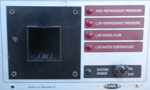 Used Sterlco Portable Chiller, model CFP7.5WQ, water cooled. Approximately 7 tons cooling capacity. Temperature range 30 to 65 deg F. 18 pound charge of R22. Heat transfer fluid 30% glycol. 3/60/230 ...