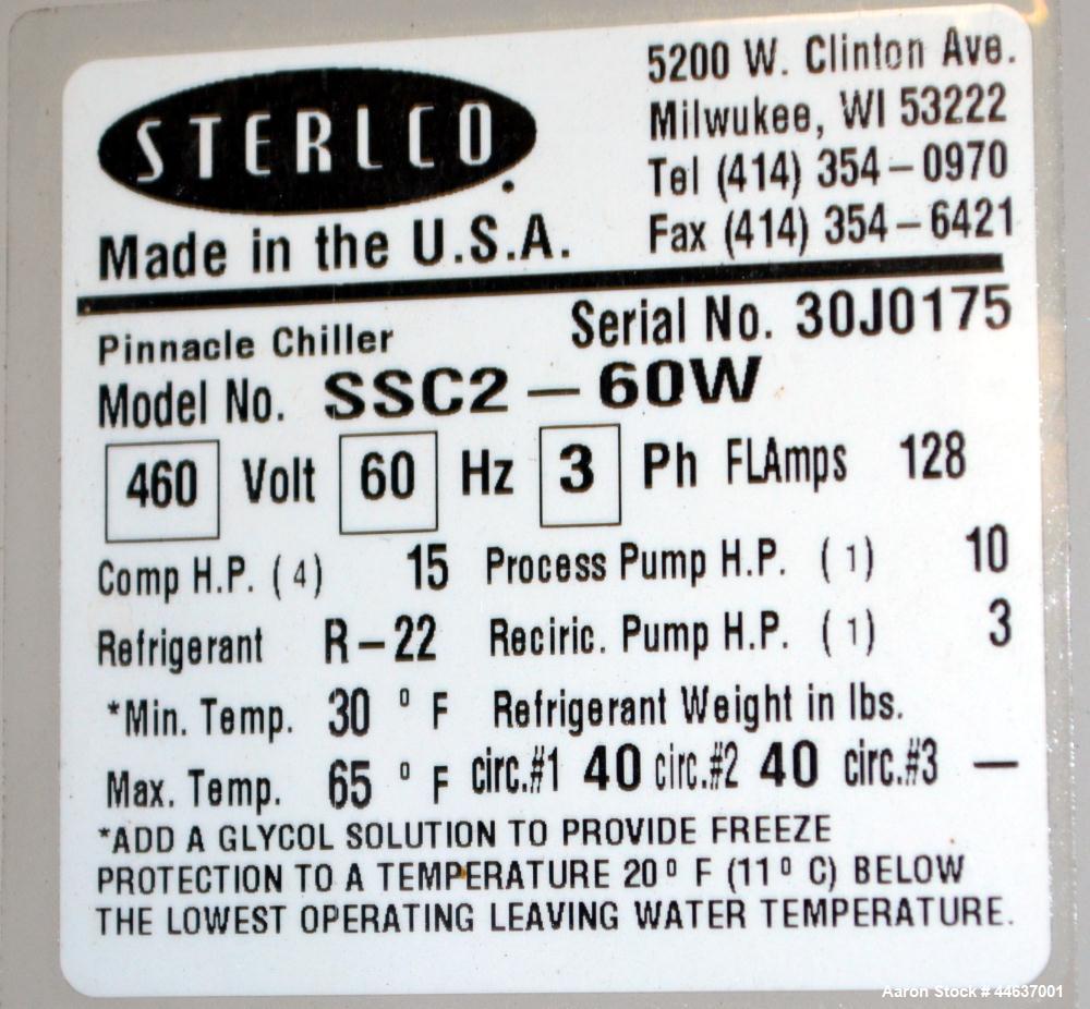 Unused- Sterlco SSC Series Pinnacle Water Cooled Central Chiller, Approximate 60 Ton Cooling Capacity, Model SSCS-60W. Temperature range 30 to 65 degrees F. 460 Volt, 60 Hz., 3 Ph, 128 amps. R-22 Ref...