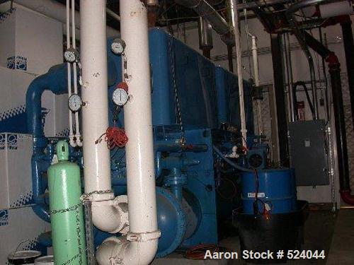 USED: TECO 300 ton chiller, natural gas driven, water cooled. Two compressors: engine A has 2143 hours, engine B has 2500 hours. Includes flat bed trailer it is sitting on.