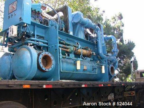 USED: TECO 300 ton chiller, natural gas driven, water cooled. Two compressors: engine A has 2143 hours, engine B has 2500 hours. Includes flat bed trailer it is sitting on.