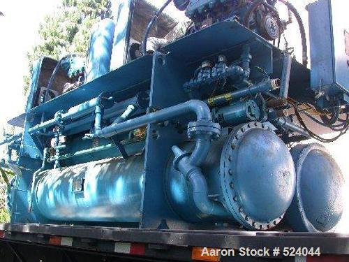 USED: TECO 300 ton chiller, natural gas driven, water cooled. Two compressors: engine A has 2143 hours, engine B has 2500 hours. Includes flat bed trailer it is sitting on.