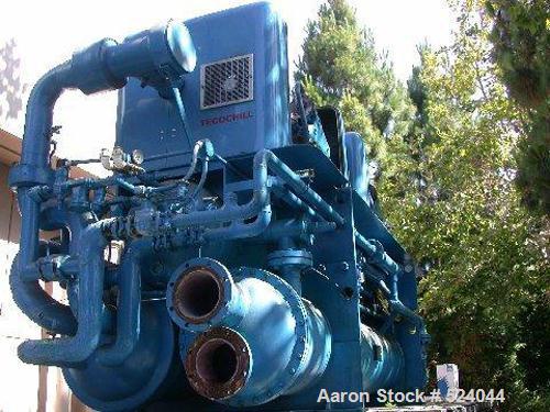 USED: TECO 300 ton chiller, natural gas driven, water cooled. Two compressors: engine A has 2143 hours, engine B has 2500 hours. Includes flat bed trailer it is sitting on.