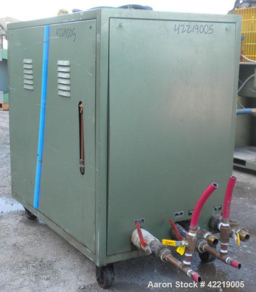 Used Thermal Care/Mayer Portable Accu-Chiller, model AQOW0803X, water cooled. Approximate 7.5 tons cooling capacity. Temperature range 30 to 60 deg F. 7 pound charge of R22. Heat transfer fluid 30% g...
