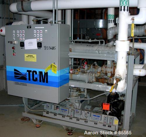 Used Thermalcare/Meyer Semi-Hermetic Central Chiller, 20 Ton, Model TPW20X, Water Cooled. 40 Degrees F. capacity 3/60/460 volt. (2) 10 hp compressors. Chilled water 65 gallons per minute. Requires 60...