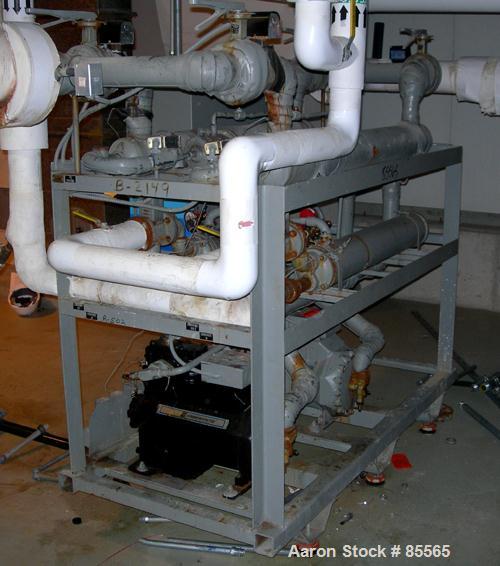 Used Thermalcare/Meyer Semi-Hermetic Central Chiller, 20 Ton, Model TPW20X, Water Cooled. 40 Degrees F. capacity 3/60/460 volt. (2) 10 hp compressors. Chilled water 65 gallons per minute. Requires 60...