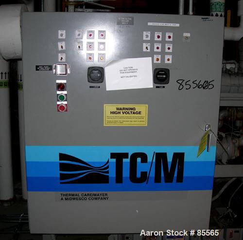 Used Thermalcare/Meyer Semi-Hermetic Central Chiller, 20 Ton, Model TPW20X, Water Cooled. 40 Degrees F. capacity 3/60/460 volt. (2) 10 hp compressors. Chilled water 65 gallons per minute. Requires 60...