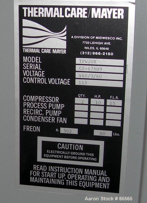 Used Thermalcare/Meyer Semi-Hermetic Central Chiller, 20 Ton, Model TPW20X, Water Cooled. 40 Degrees F. capacity 3/60/460 volt. (2) 10 hp compressors. Chilled water 65 gallons per minute. Requires 60...