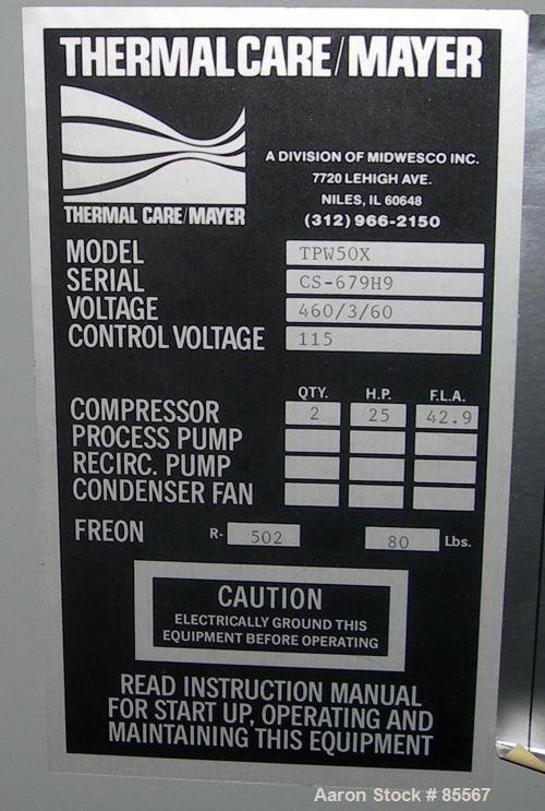 USED: Thermalcare/Meyer semi-hermetic central chiller, 50 ton, model TPW50X, water cooled, 40 degrees F. Capacity 3/60/460 volt. (2) 25 hp compressors. Chilled water 65 gallons per minute. Requires 8...
