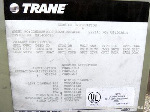 Used Trane Cold Generator Water Cooled Scroll Liquid Package Chiller, 25 Tons, Model CGWD0254CG0HAD2R1FFBAUHG. 460/60/3, 25-39 degrees F. fluid temperature, condensing entering water temperature 60-9...