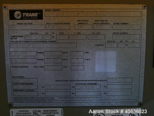 Used Trane 300 ton, model RTHB300 screw chiller. 460/3/60 volts with only 2,070 run hours since new.