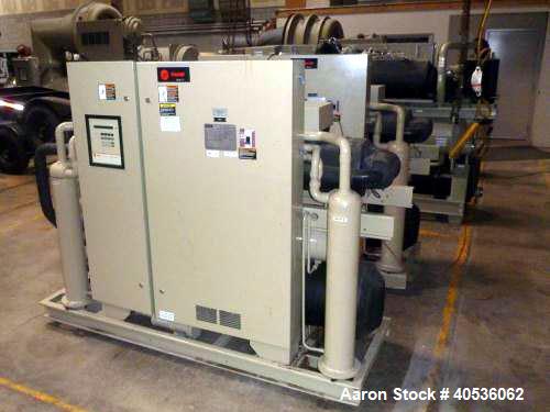 Used Trane Water Cooled Chiller, Model RTWA0804YD01C3D0WFN. Nominal 80 Ton. Designed for 460/3/60 volt operation. Includes existing holding charge only of R22.