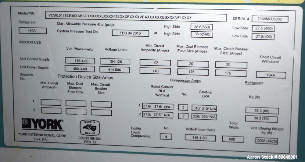 Used York Model YCWL0118 Water Cooled Scroll Liquid Chiller