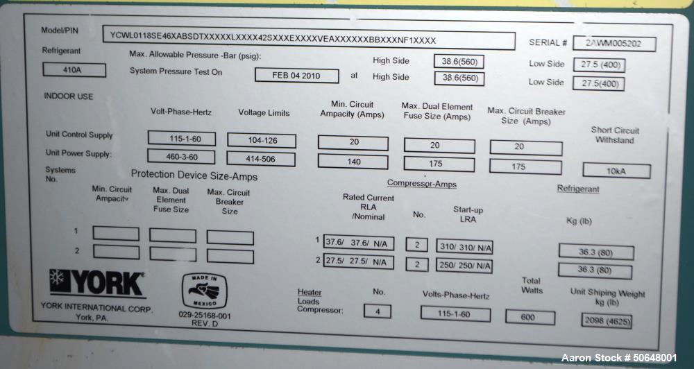 Used- York Model YCWL0118 Water Cooled Scroll Liquid Chiller