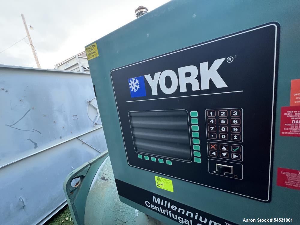 Used York Millennium Centrifugal Liquid Chiller with Variable Speed Drive, Model YTJ3C3E3-CTJ. Serial # 00322H0900. 2 Passes. Evaporator flow rate 788 to 2,840 GPM. R-123 Refrigerant, approximately 1...