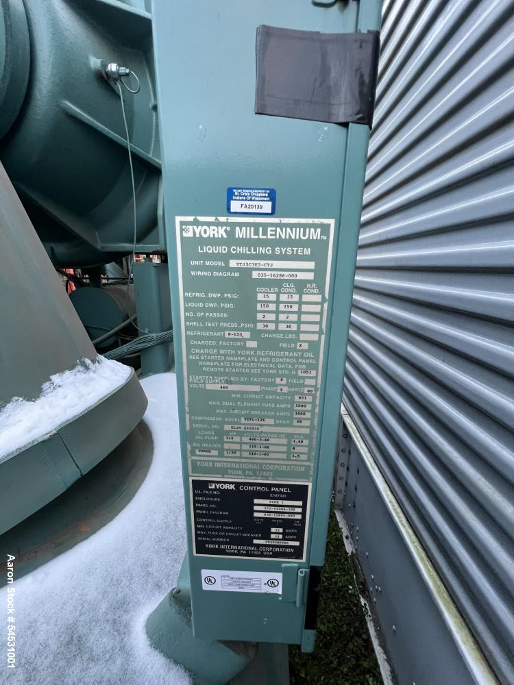 Used York Millennium Centrifugal Liquid Chiller with Variable Speed Drive, Model YTJ3C3E3-CTJ. Serial # 00322H0900. 2 Passes. Evaporator flow rate 788 to 2,840 GPM. R-123 Refrigerant, approximately 1...