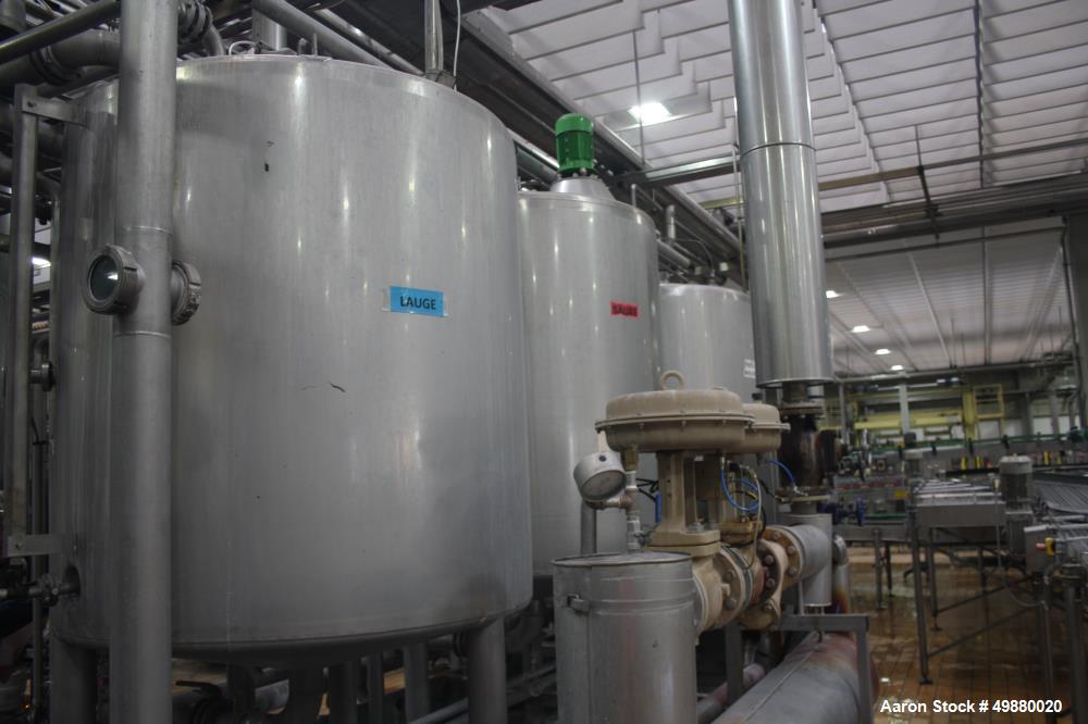 Used APV/Alfa Laval/SPX CIP plant/system consisting of: (4) Stainless steel tanks, appox. 529 gallon/2000-liter capacity, on legs, (1) Stainless steel tank, approx. 265 gallon/1000-liter capacity, on...