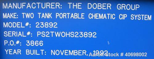 Used Dober Group Portable Chematic Clean-In-Place System consisting of: (1) Precision Stainless pressure tank, 35 gallon, 316L stainless steel. 20'' diameter x 26'' straight side, dished bolt on top,...