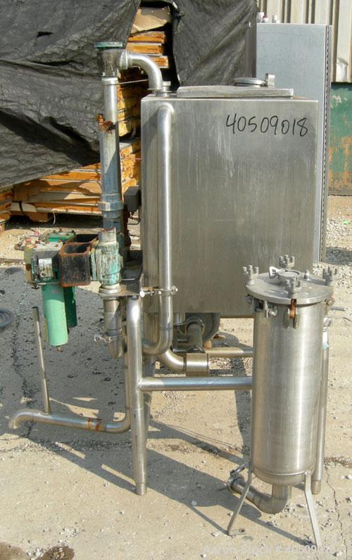 Used G H Products Single Tank CIP System, 316 stainless steel. 75 gallon holding tank, 24'' wide x 24'' long x 30'' deep, 2'' tri-clamp side bottom outlet. Ampco centrifugal pump, model 2 1/2x2xDC2, ...