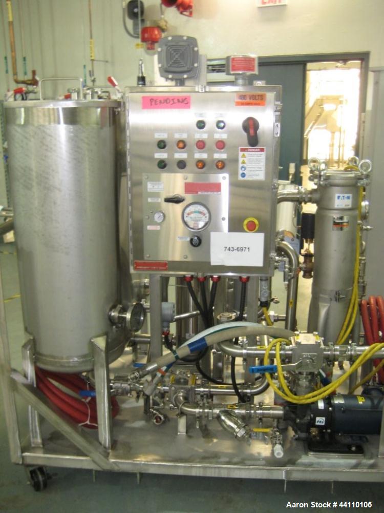 Used Gamajet MCIP Cleaning System, Model IX on mobile skid, Sanitary design with 110 Gal 316-SS holding tank. Main pump: 316-SS Grundfos CRN 10-12 rated 40 GPM @ 200 PSI (10 HP XP 208/460V Motor). Re...