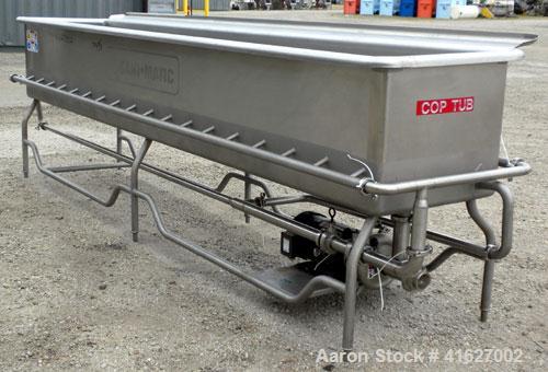 Used Sani-Matic Horizontal C.O.P. Tank, Model RW-12-10-N-NE-1, Approximate 275 Gallon, 304 Stainless Steel. Tank measures approximately 146" long x 24" wide x 21" deep. 2 1/2" sanitary bottom outlet....