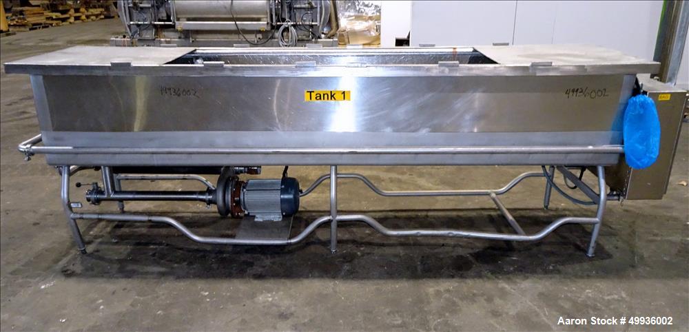 Used Sani-Matic Clean Out of Place Tank, Model RWJ-250.  Stainless Steel, Horizontal.  Trough approximate 120" long x 24" wide x 21" deep.  Includes 7.5 HP pump with electric heater, diaphragm pump, ...