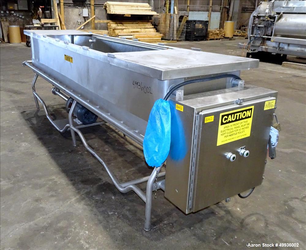 Used Sani-Matic Clean Out of Place Tank, Model RWJ-250.  Stainless Steel, Horizontal.  Trough approximate 120" long x 24" wide x 21" deep.  Includes 7.5 HP pump with electric heater, diaphragm pump, ...
