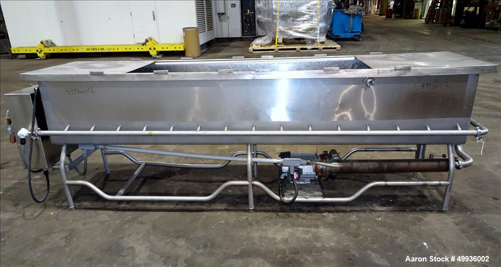 Used Sani-Matic Clean Out of Place Tank, Model RWJ-250.  Stainless Steel, Horizontal.  Trough approximate 120" long x 24" wide x 21" deep.  Includes 7.5 HP pump with electric heater, diaphragm pump, ...