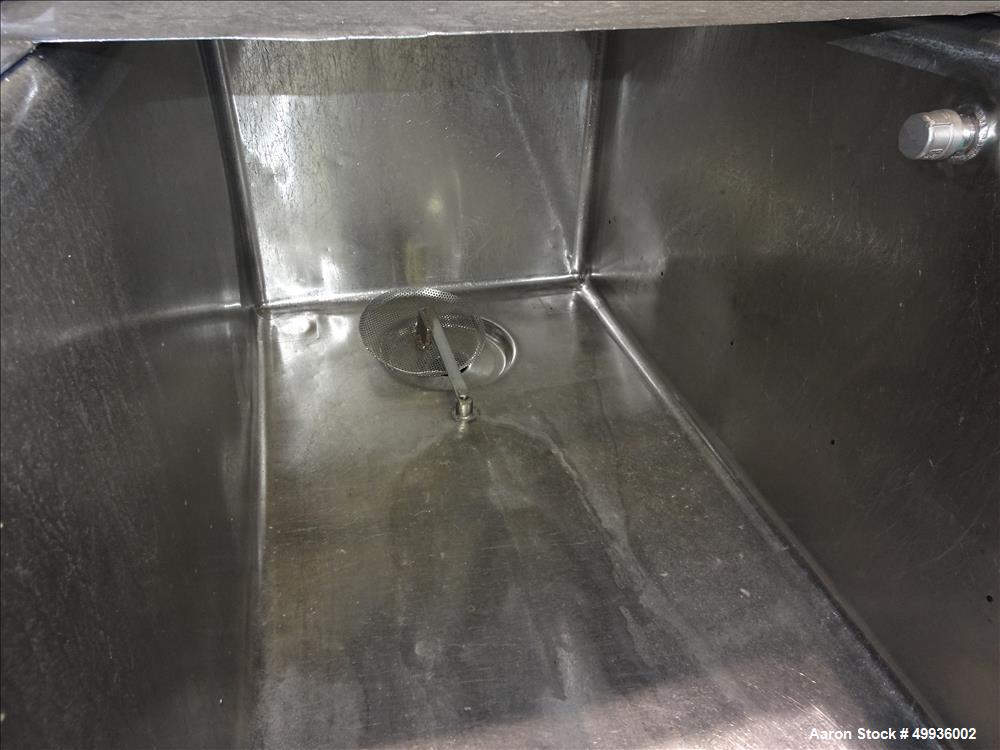 Used Sani-Matic Clean Out of Place Tank, Model RWJ-250.  Stainless Steel, Horizontal.  Trough approximate 120" long x 24" wide x 21" deep.  Includes 7.5 HP pump with electric heater, diaphragm pump, ...