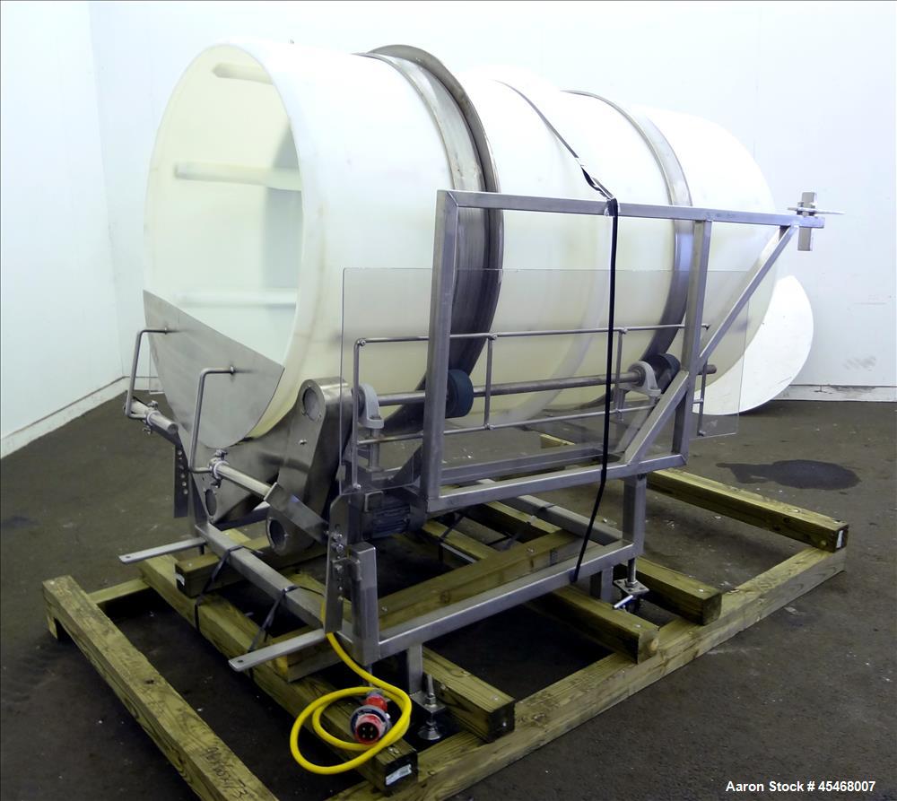 Used Seasoning Drum Tumbler, Plastic. Approximately 41-1/2" diameter x 78-1/2" long, with 32" diameter opening. Driven by 1/2 hp, 3/60/230/460 volt, 1720 rpm gear motor, ratio 12.82 to 1. (8) 65" Lon...