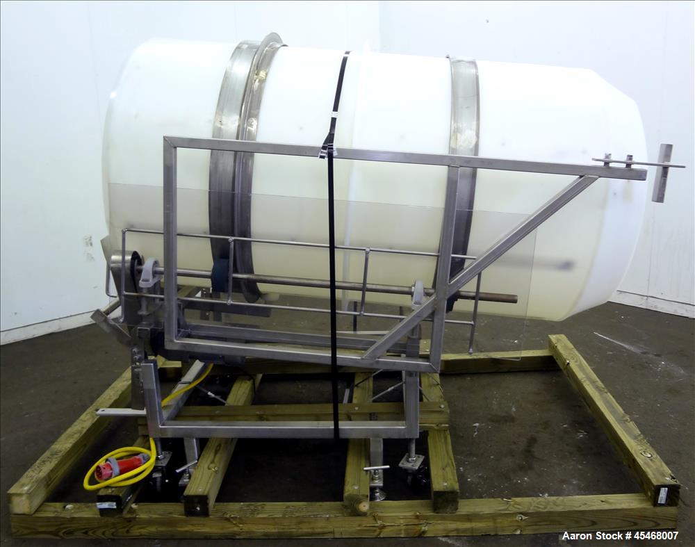 Used Seasoning Drum Tumbler, Plastic. Approximately 41-1/2" diameter x 78-1/2" long, with 32" diameter opening. Driven by 1/2 hp, 3/60/230/460 volt, 1720 rpm gear motor, ratio 12.82 to 1. (8) 65" Lon...
