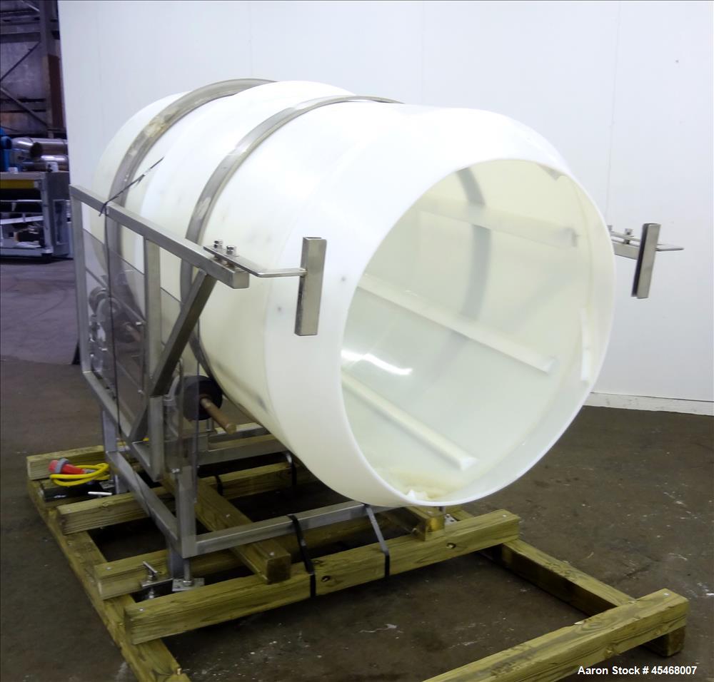 Used Seasoning Drum Tumbler, Plastic. Approximately 41-1/2" diameter x 78-1/2" long, with 32" diameter opening. Driven by 1/2 hp, 3/60/230/460 volt, 1720 rpm gear motor, ratio 12.82 to 1. (8) 65" Lon...