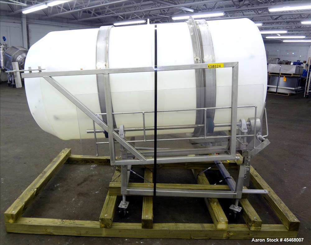 Used Seasoning Drum Tumbler, Plastic. Approximately 41-1/2" diameter x 78-1/2" long, with 32" diameter opening. Driven by 1/2 hp, 3/60/230/460 volt, 1720 rpm gear motor, ratio 12.82 to 1. (8) 65" Lon...