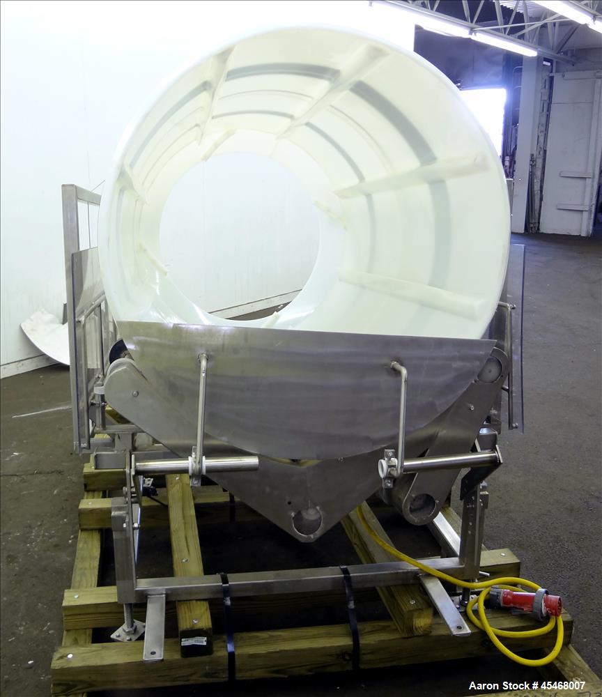 Used Seasoning Drum Tumbler, Plastic. Approximately 41-1/2" diameter x 78-1/2" long, with 32" diameter opening. Driven by 1/2 hp, 3/60/230/460 volt, 1720 rpm gear motor, ratio 12.82 to 1. (8) 65" Lon...
