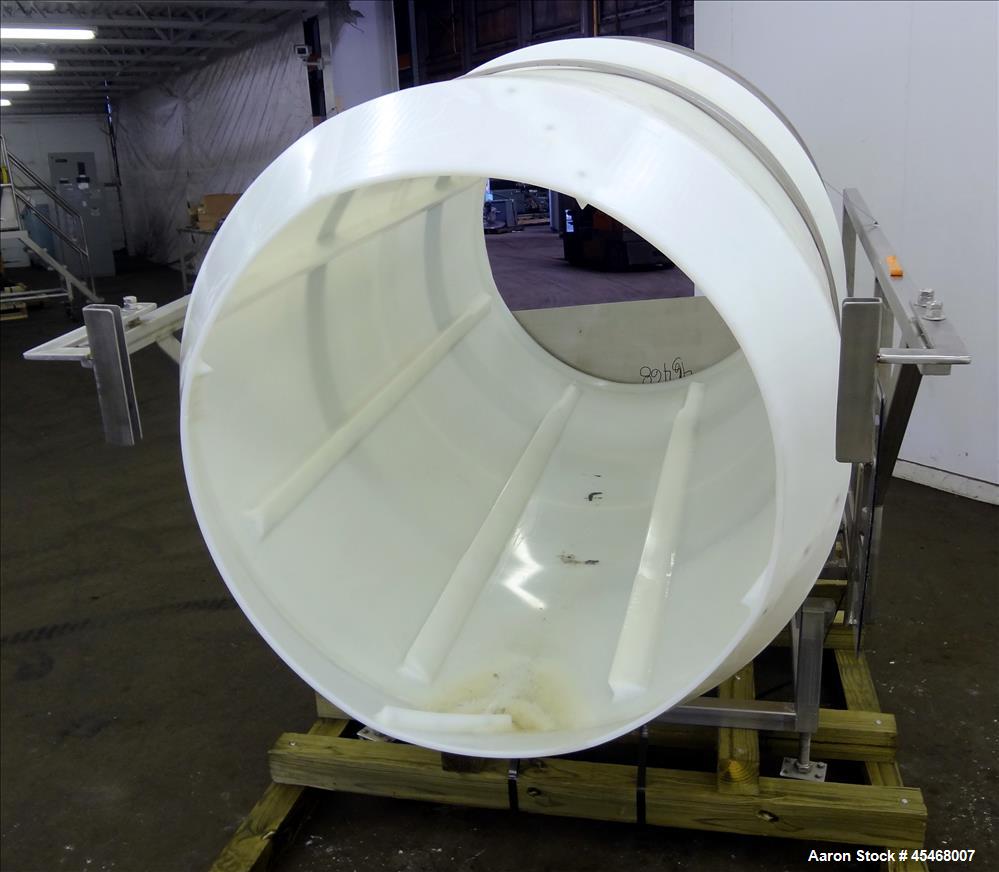 Used Seasoning Drum Tumbler, Plastic. Approximately 41-1/2" diameter x 78-1/2" long, with 32" diameter opening. Driven by 1/2 hp, 3/60/230/460 volt, 1720 rpm gear motor, ratio 12.82 to 1. (8) 65" Lon...