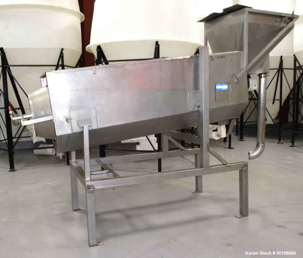 Used Coating Drum, Stainless Steel. Perforated drum approximate 23" diameter x 96" long, driven by an approximate 0.75hp gear motor. Top end feed hopper with a screw feeder driven by a 0.37kw gear mo...