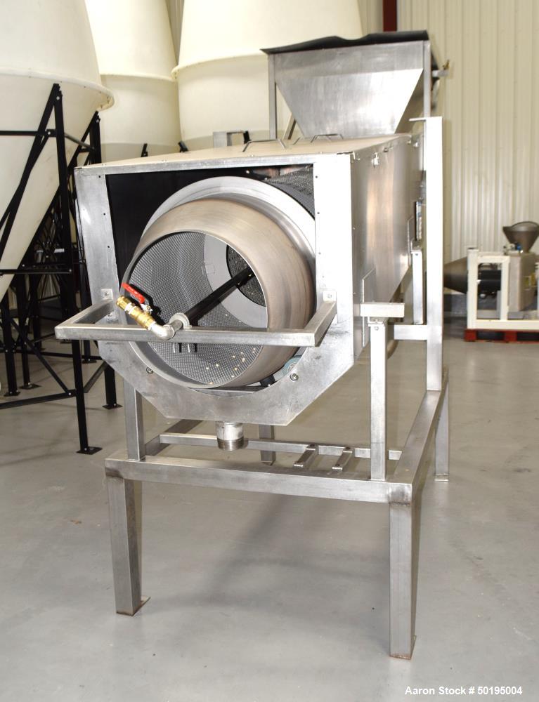 Used Coating Drum, Stainless Steel. Perforated drum approximate 23" diameter x 96" long, driven by an approximate 0.75hp gear motor. Top end feed hopper with a screw feeder driven by a 0.37kw gear mo...