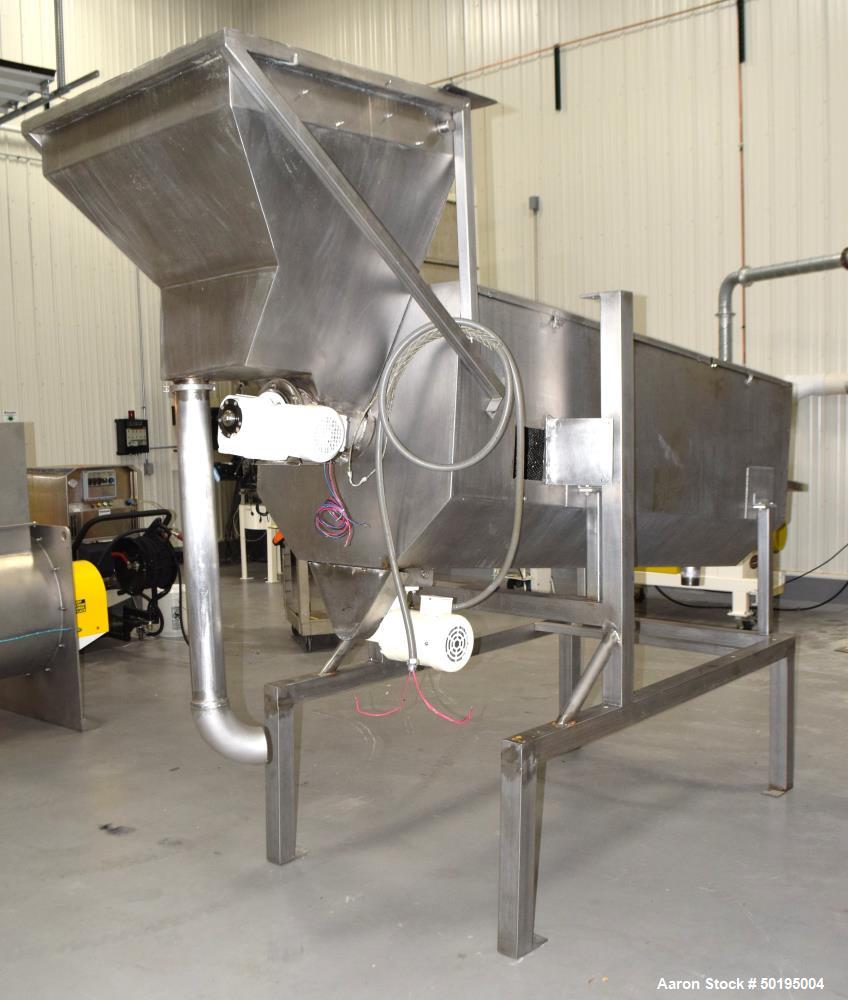 Used Coating Drum, Stainless Steel. Perforated drum approximate 23" diameter x 96" long, driven by an approximate 0.75hp gear motor. Top end feed hopper with a screw feeder driven by a 0.37kw gear mo...