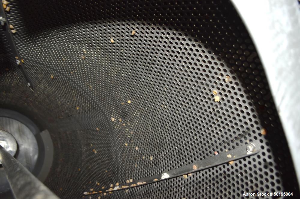 Used Coating Drum, Stainless Steel. Perforated drum approximate 23" diameter x 96" long, driven by an approximate 0.75hp gear motor. Top end feed hopper with a screw feeder driven by a 0.37kw gear mo...