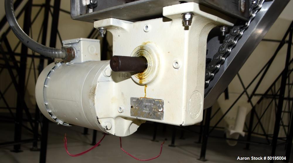 Used Coating Drum, Stainless Steel. Perforated drum approximate 23" diameter x 96" long, driven by an approximate 0.75hp gear motor. Top end feed hopper with a screw feeder driven by a 0.37kw gear mo...