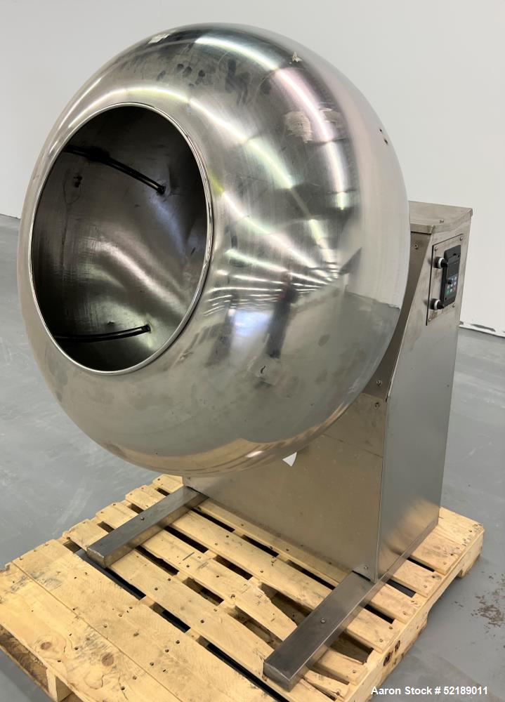 Used- Coating Pan, 39" Diameter, Stainless Steel. With (6) welded ribs 3/4" wide x 1/2" thick, 21" deep x 20.5" diameter ope...