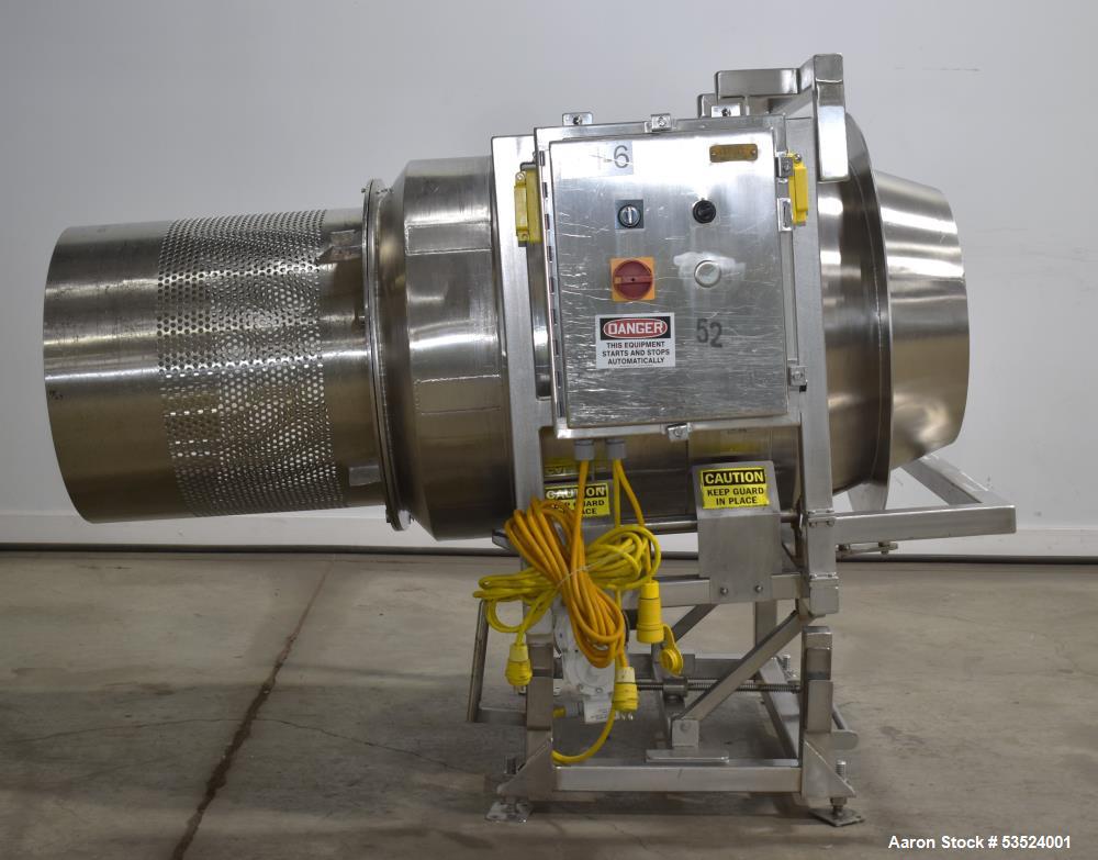 Used Spray Dynamics Soft Flight Coating Drum, Stainless Steel. Approximate 30" diameter x 27-1/2" long. (8) Internal flights. Has adjustable pitch. 20" Inlet, 23-3/8" outlet. Driven by 1/2hp, 1750 rp...