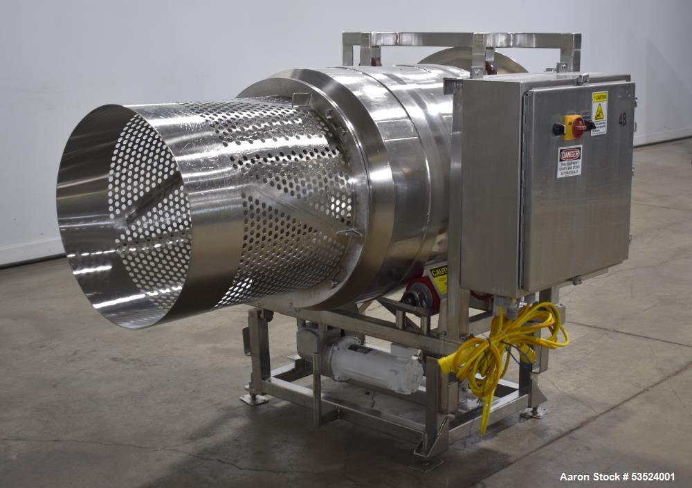 Used Spray Dynamics Soft Flight Coating Drum, Stainless Steel. Approximate 30" diameter x 27-1/2" long. (8) Internal flights. Has adjustable pitch. 20" Inlet, 23-3/8" outlet. Driven by 1/2hp, 1750 rp...